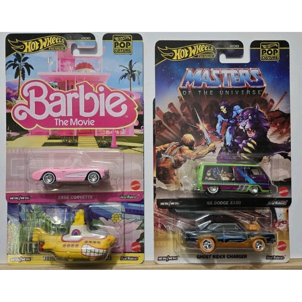 4 Hot Wheels Premium Pop Culture Lot: Barbie Corvette, Ghost Rider, MOTU, Sub